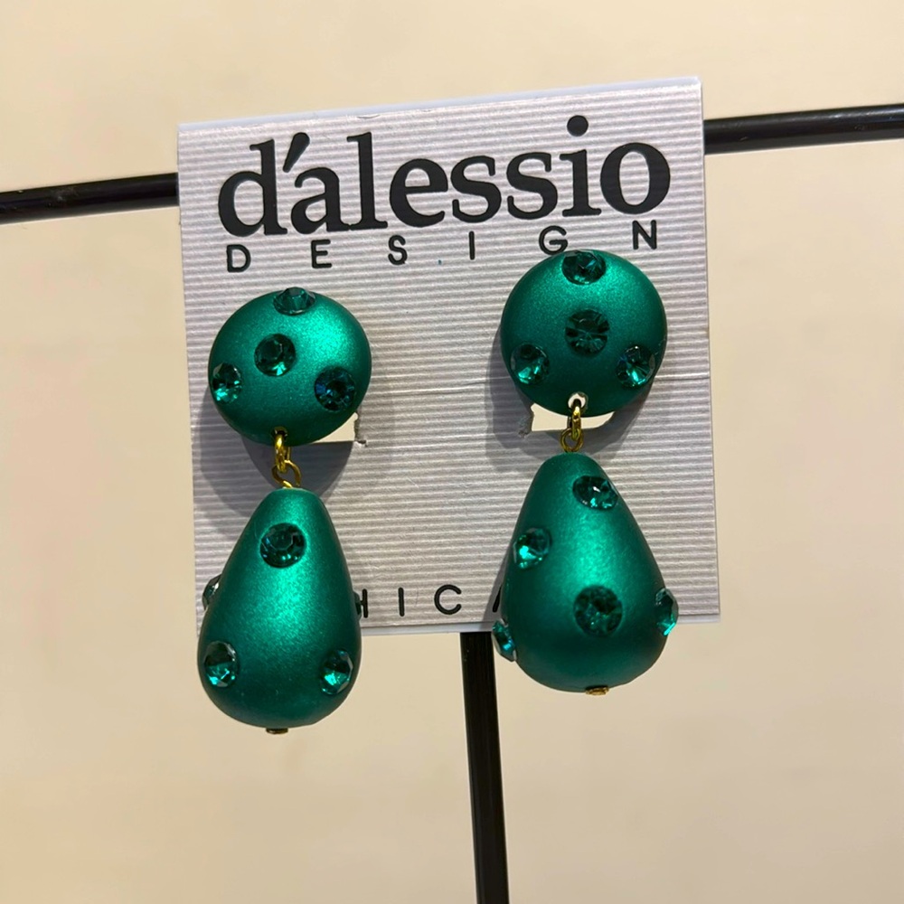 Vintage Matte Green Dalessio Design Chicago Dangle Clip On Earrings w/ Crystals